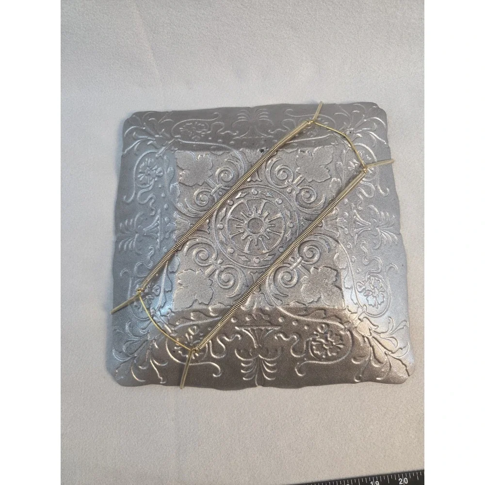 Vintage Turkish Art Glass Platter Square Reverse Painted Turquoise Silver 11